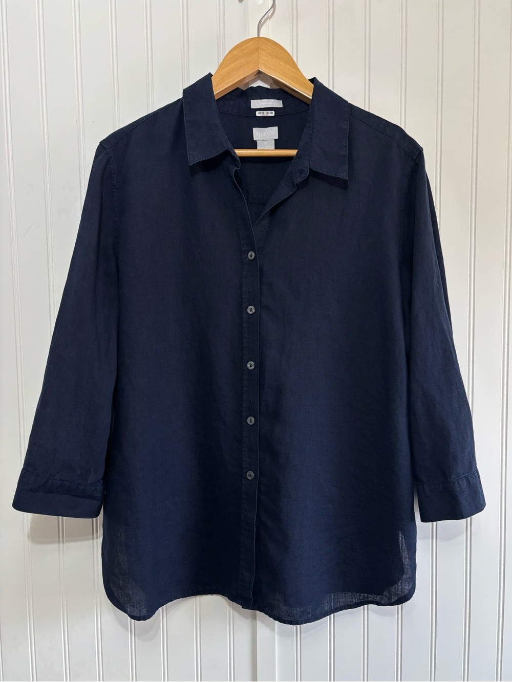 Chico’s No Iron Navy Blue 100% Linen Button Down Shirt 3/4 Sleeves Size 3, US 16
